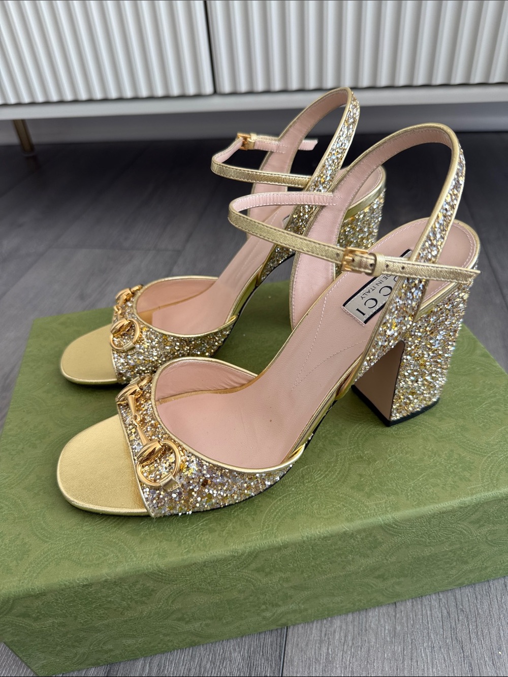 Gucci Gold Glitter Block Heel Sandals with Horsebit Detail
